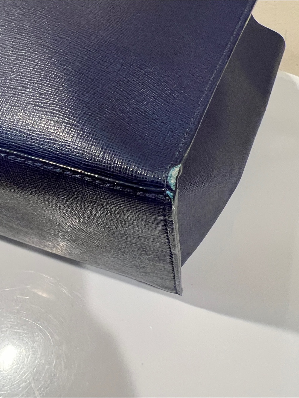 Furla Navy Structured Leather Satchel Tote - edge coat wear - Picture 12 of 14